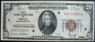 1929 Twenty Dollars National Currency Boston Massachusetts Note