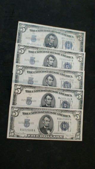 Five 1934 Five Dollar Silver Certificate Circulated Notes Five $5 Bills