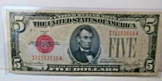 1928 F $5 United States Note - Red Seal - Xf,  - Serial I 711 535 19 A