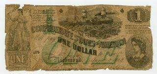 1862 T - 45 $1 The Confederate States Of America Note - Civil War Era