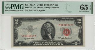 1953 A $2 Legal Tender Red Seal Aa Block Fr.  1510 Pmg Gem Unc 65 Epq (414a)