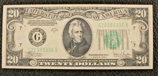 1934 - C $20 Federal Reserve Note F - 2057g Unc $70 G Chicago Uncirculated 1226 6b