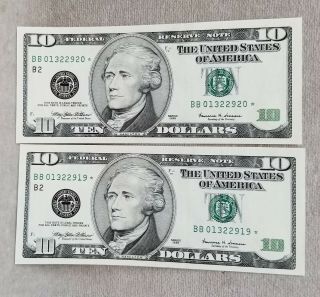 2 Sequential 1999 U.  S.  $10.  00 Star Bill Paper Money Notes Au.