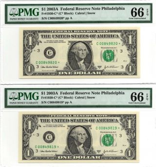 2 Sequentially Numbered Star Notes _ (2003 - A $1 Frn " Phily ") Both Pmg - 66 - Epq
