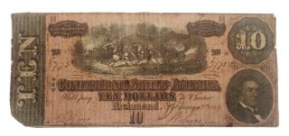 Civil War Confederate Csa T - 68 $10 Note Obsolete Currency Horses Cannon Va