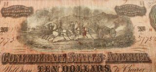 Civil War Confederate CSA T - 68 $10 Note Obsolete Currency Horses Cannon VA 3