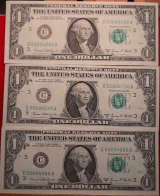 3 - Uncirculated 1969 U.  S.  $1 Notes Low Serial Numbers 100 