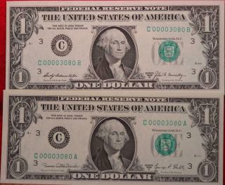 2 - Uncirculated 1969 U.  S.  $1 Notes Low Matching Serial Numbers A & B Block