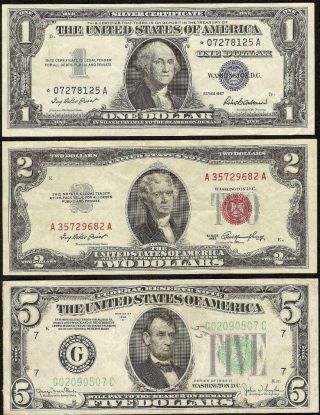 3 Pc 1957 $1 Star 1953 $2 1934 $5 Dollar Old Paper Money Blue Red Green Seal