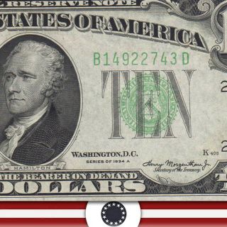 1934 - A $10 York Frn Federal Reserve Note Fr 2006 - B 22743 - P