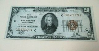 1929 $20 Federal Reserve Bank Of Philadelphia National Bank Note