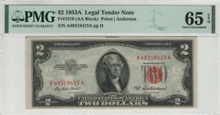 1953 A $2 Legal Tender Red Seal Aa Block Fr.  1510 Pmg Gem Unc 65 Epq (415a)