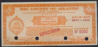 The County Of Atlantic.  - Nj.  $5 Depression Scrip Specimen.  Sept.  1 1933.