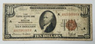 1929 $10 Federal Reserve National Currency Note Brown Seal Boston - Ships