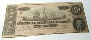 1864 $20 U.  S.  Civil War Confederate Currency Csa Note T - 67 Crisp Bcs/1293