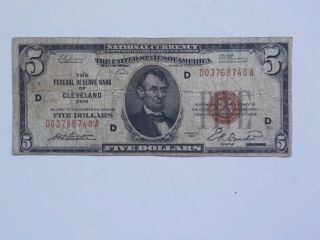 National Currency 1929 5 Dollar Bill Federal Reserve Bank Of Cleveland Ohio Vtg