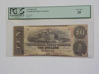 Civil War Confederate 1863 10 Dollar Bill Pcgs Richmond Virginia Paper Money