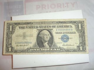 1957 Us $1 Silver Certificate Banknote Blue Seal Low Serial Number I00000869a