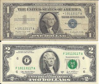 MATCHING Serial Numbers $1 STAR Silver Certificate / CU $2 Dollar Bill Note 2