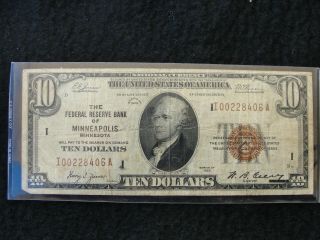 1929 $10 Brown Seal Minneapolis Old Us National Currency