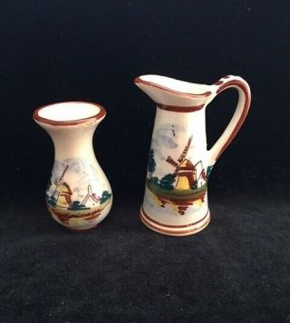 Vintage Delft Multi - Colored Hand - Painted Porcelain Small Vase & Ewer Set Holland