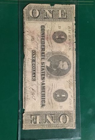 1863 Confederate States Richmond Va $1 One Dollar Large Currency Note.