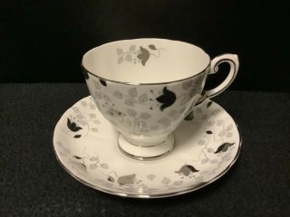 Antique Royal Tuscan Fine English Bone China Tea Set Gray And Platinum Floral