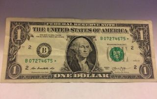 2013 $1 (one Dollar) – Note,  Bill - B Series Star Note B07274675