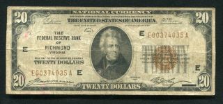 Fr.  1870 - E 1929 $20 Frbn Federal Reserve Bank Note Richmond,  Va (b)