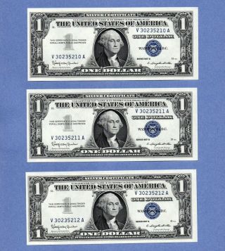 1957 B $1 Silver Certificates Three Consecutive Notes.  Choice Uncirculated.