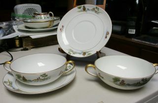 Two Antique Noritake Nippon Porcelain Handled Soup Bowls & Saucers,  The Pagoda