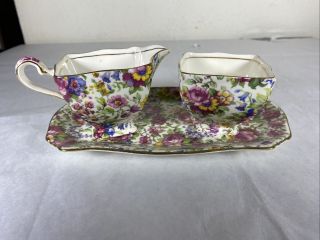 Royal Winton Grimwades Summertime Chintz Floral Cream Open Sugar Bowl Plate Set