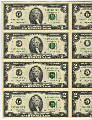Uncut Atlanta (f) Federal Reserve Note $2.  00 Sheet Of 8: Series 1995: Bp 19