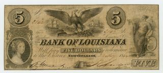 1862 $5 The Bank Of Louisiana Note - Civil War Era