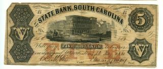 1860 $5 The State Bank Of South Carolina,  Charleston Sc,  Obsolete Currency