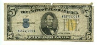 1934 A $5 Five Dollar Us Silver Certificate North Africa Note Fr 2307