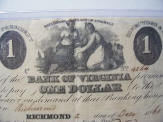 Obsolete Authentic The Bank Of Virginia $1 Currency Note 1861 Richmond Va.