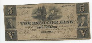 1859 $5 The Exchange Bank Of Virginia - Norfolk,  Virginia Bank Note