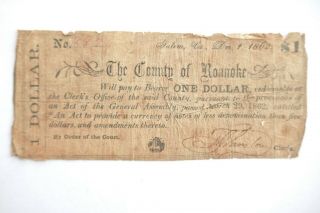 County Of Roanoke Salem Va 1862 One Dollar Obsolete Note