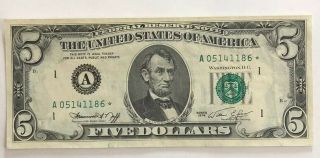 1974 $5 Federal Reserve Star Note Uncirculated Boston Crisp