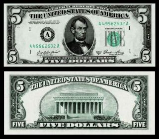 1950 - A $5 Dollar Bill Federal Reserve Green Seal Gem Uncirculated