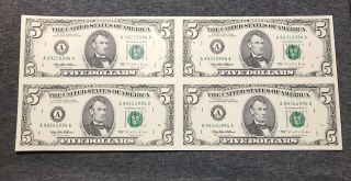 Boston Series 1995 $5 Five Dollar Federal Reserve Note Uncut Sheet Of 4