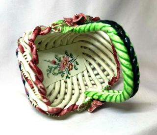 Vintage Ceramic Woven Flower Basket Handmade In Spain Pink Green Gold 2
