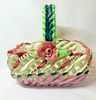 Vintage Ceramic Woven Flower Basket Handmade In Spain Pink Green Gold 3