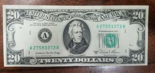 Vintage 1981 $20 Twenty Dollar Bill Boston Serial Number A 27593373 B