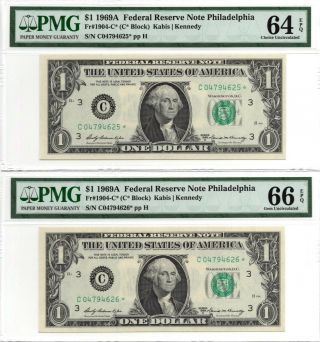 2 Sequentially Numbered Star Notes _ (1969 - A $1 Frn " Phily ") _pmg - 64 & 66 Epq