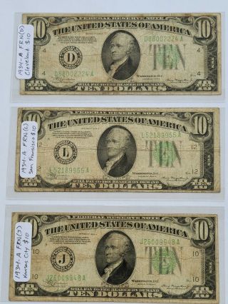 Three 1934 A $10 Federal Reserve Notes San Francisco,  Kansas City,  Cleveland