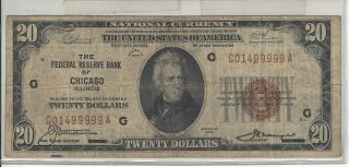 1929 $20.  00 National Currency Note Federal Reserve Bank Of Chicago S G01499999a