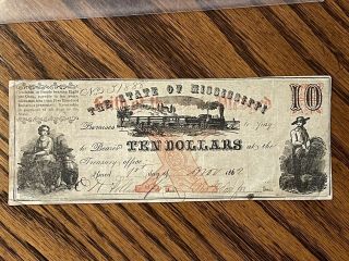 1862 $10 The State Of Mississippi Ten Dollars Red Obsolete Paper Currency