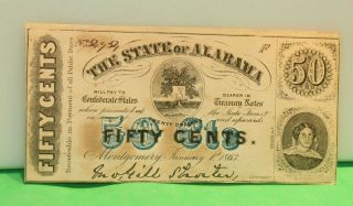 1863 State Of Alabama 50 Cent Treasury Note Au Civil War